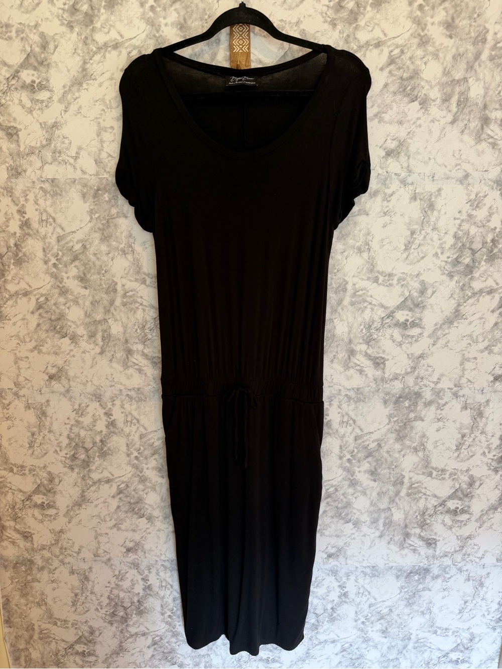 Brighter Brianna Black Scoop Neck Midi Dress with Drawstring Waist